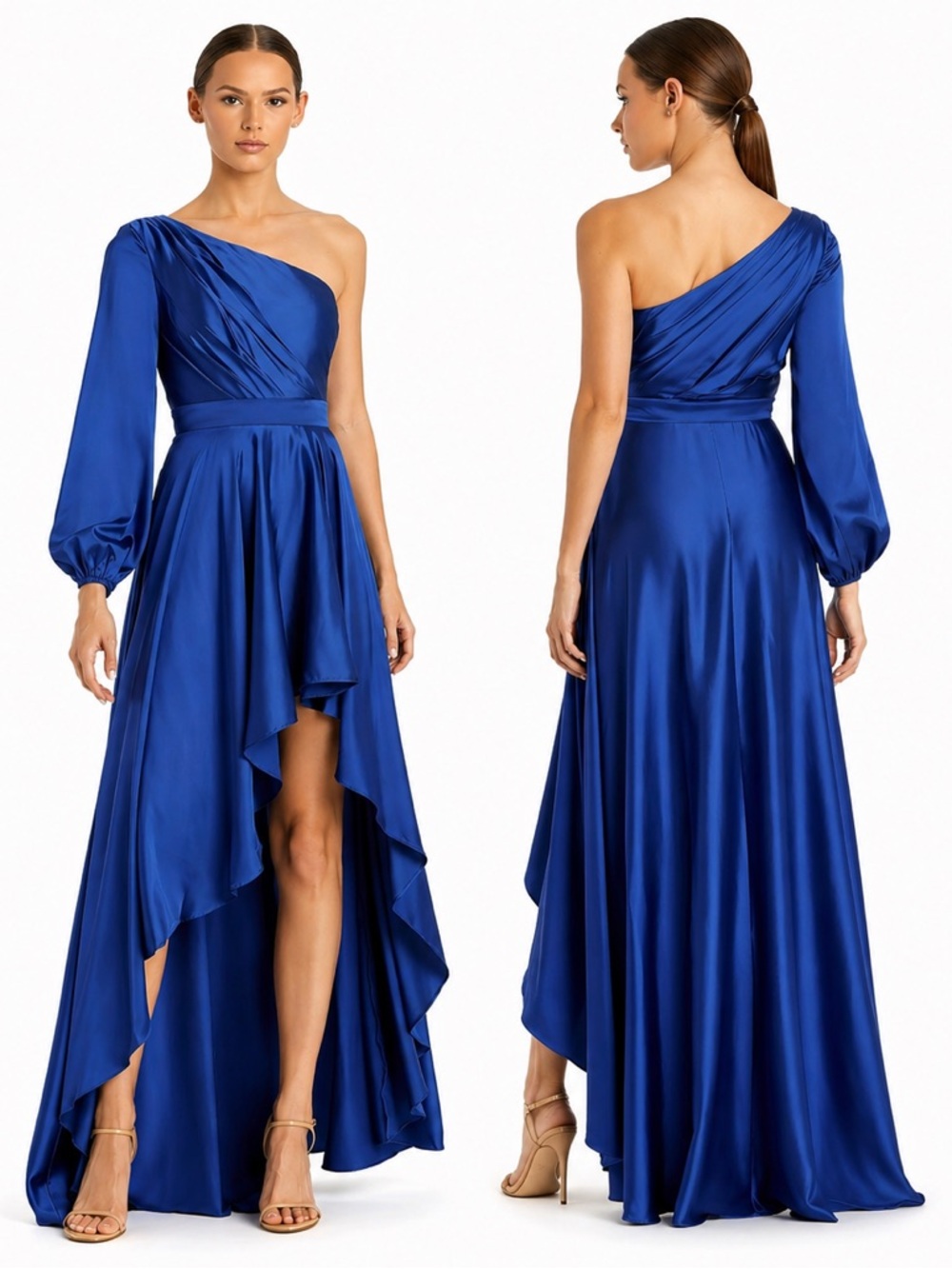 Mac DUGGAL High Low One Shoulder Flowy Satin Gown Maxi Dress Cobalt Blue 6 NWT